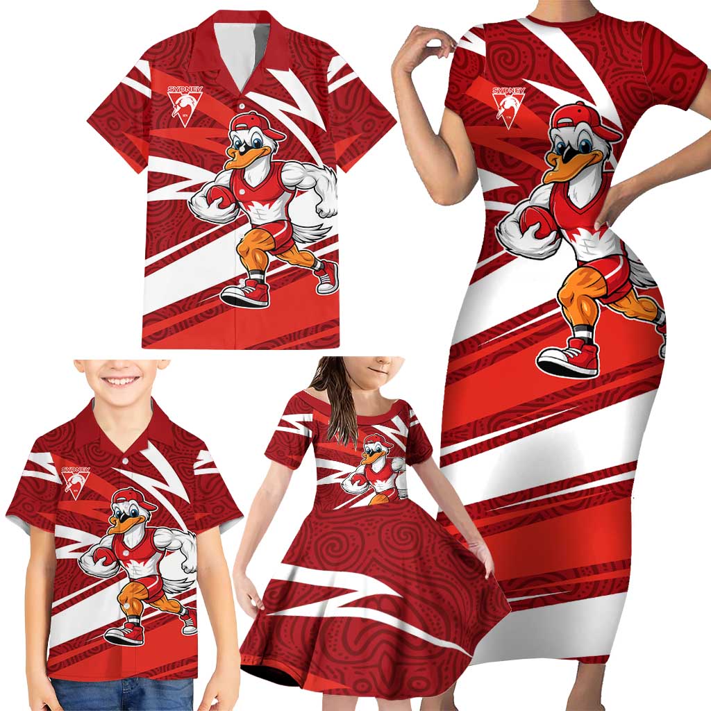 Sydney Swans Australian Football Family Matching Short Sleeve Bodycon Dress and Hawaiian Shirt Swans Mascot Art With Indigenous Pattern Art