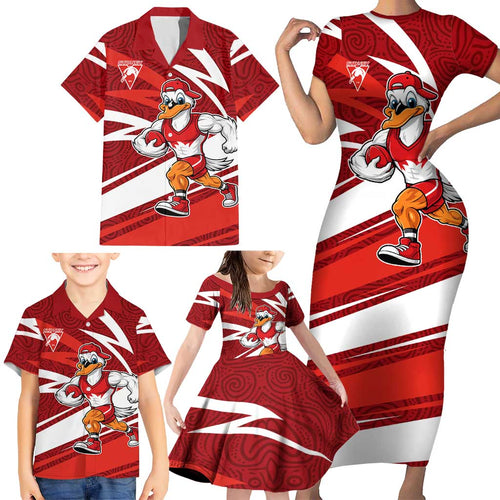 Sydney Swans Australian Football Family Matching Short Sleeve Bodycon Dress and Hawaiian Shirt Swans Mascot Art With Indigenous Pattern Art