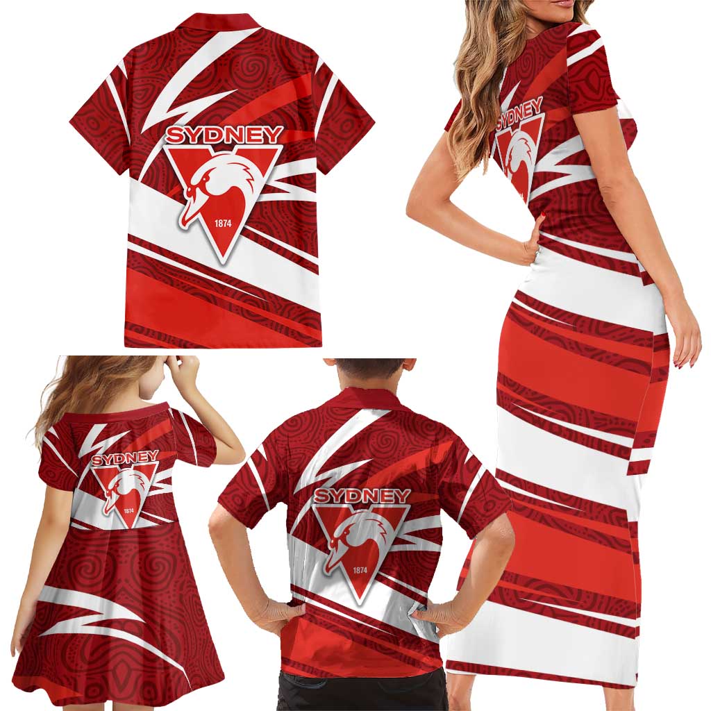 Sydney Swans Australian Football Family Matching Short Sleeve Bodycon Dress and Hawaiian Shirt Swans Mascot Art With Indigenous Pattern Art