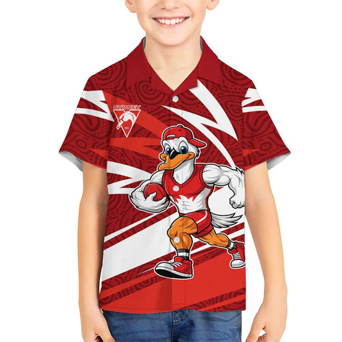 Sydney Swans Australian Football Family Matching Short Sleeve Bodycon Dress and Hawaiian Shirt Swans Mascot Art With Indigenous Pattern Art