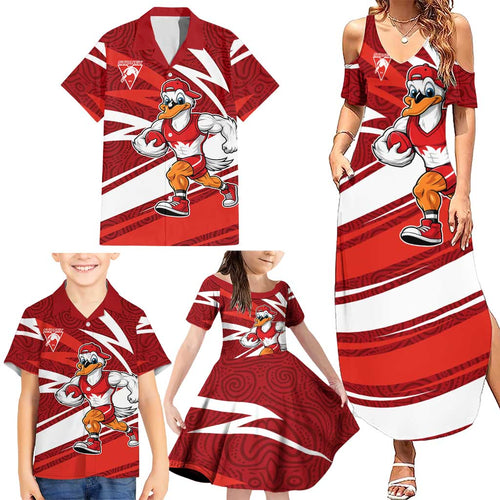 Sydney Swans Australian Football Family Matching Summer Maxi Dress and Hawaiian Shirt Swans Mascot Art With Indigenous Pattern Art