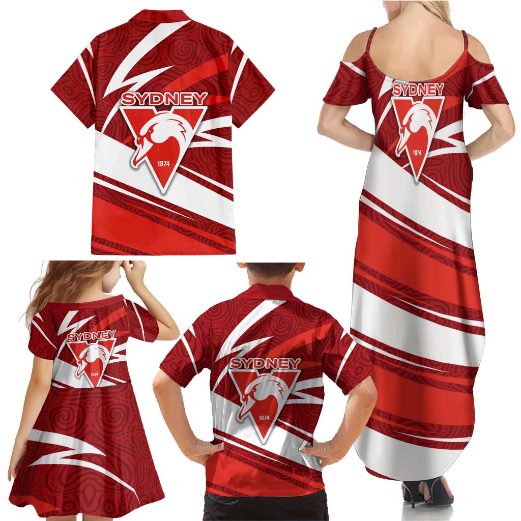 Sydney Swans Australian Football Family Matching Summer Maxi Dress and Hawaiian Shirt Swans Mascot Art With Indigenous Pattern Art