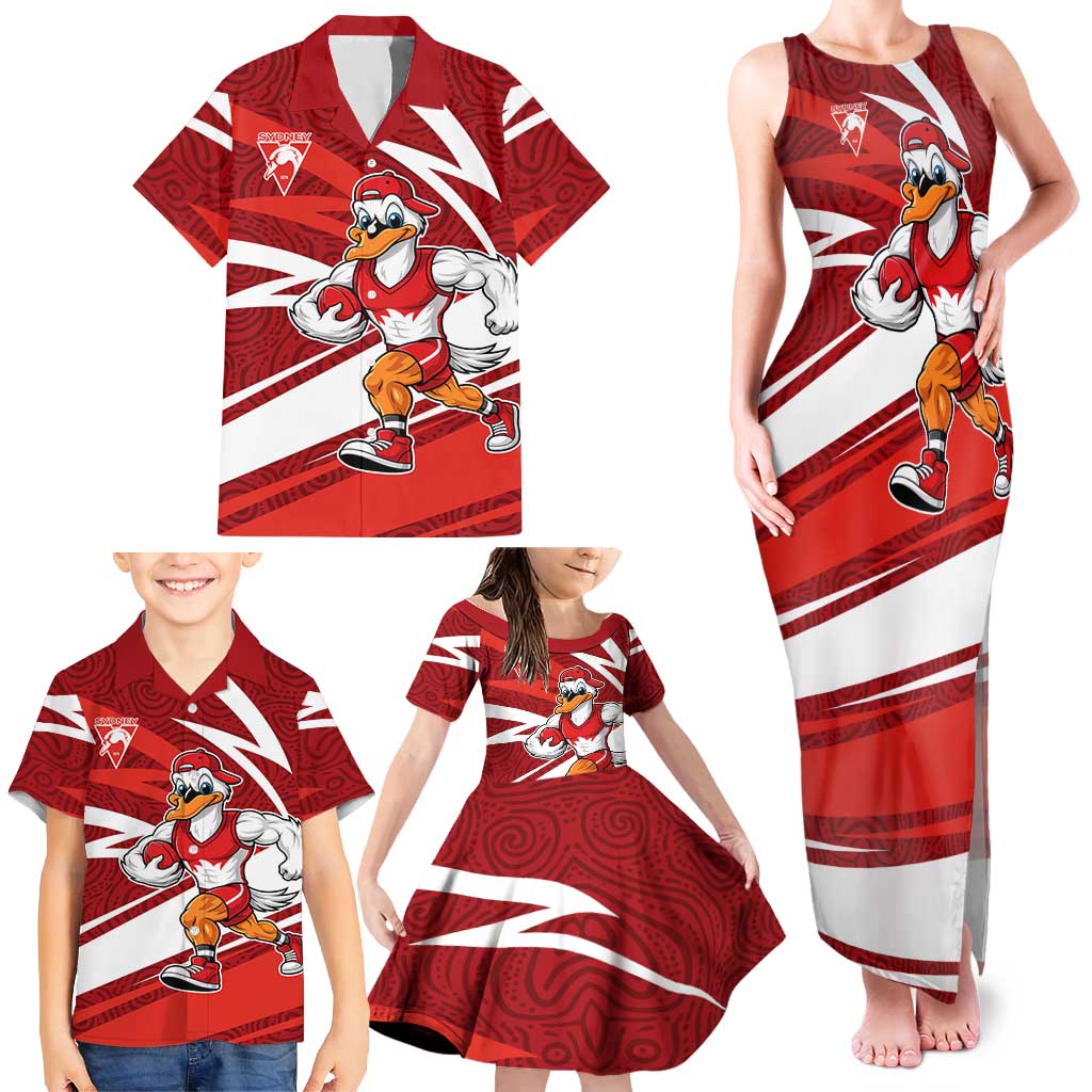 Sydney Swans Australian Football Family Matching Tank Maxi Dress and Hawaiian Shirt Swans Mascot Art With Indigenous Pattern Art
