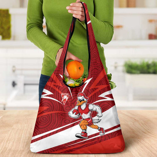 Sydney Swans Australian Football Grocery Bag Swans Mascot Art With Indigenous Pattern Art