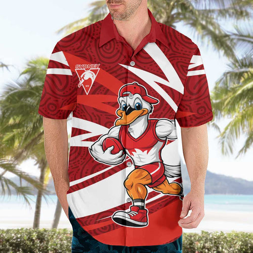 Sydney Swans Australian Football Hawaiian Shirt Swans Mascot Art With Indigenous Pattern Art