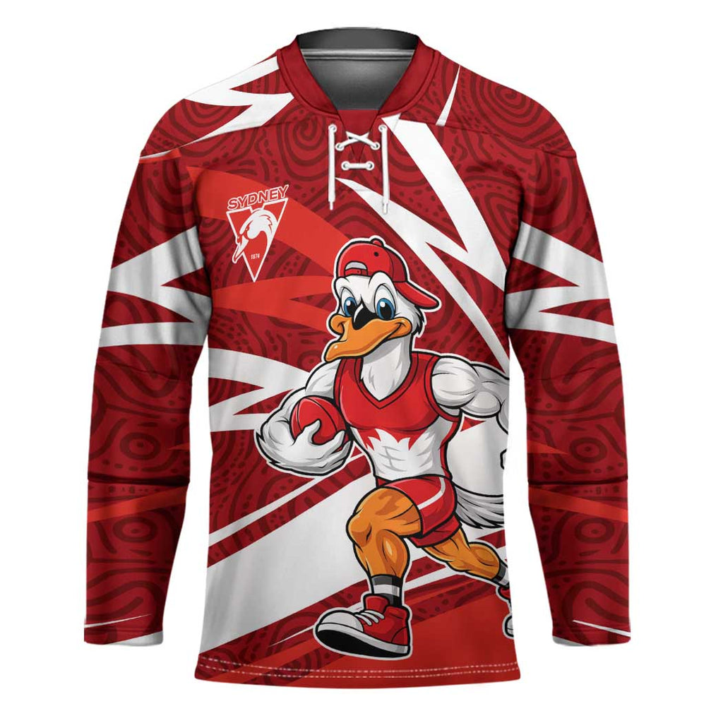 Sydney Swans Australian Football Hockey Jersey Swans Mascot Art With Indigenous Pattern Art