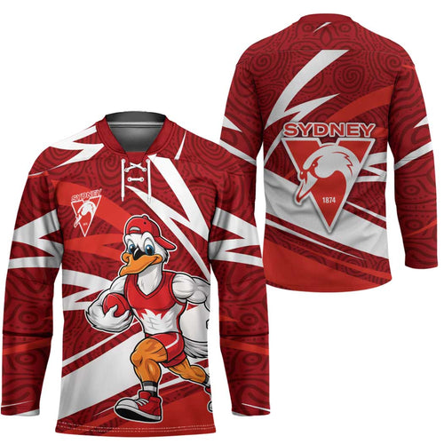 Sydney Swans Australian Football Hockey Jersey Swans Mascot Art With Indigenous Pattern Art