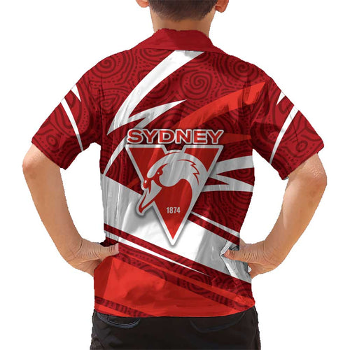 Sydney Swans Australian Football Kid Hawaiian Shirt Swans Mascot Art With Indigenous Pattern Art