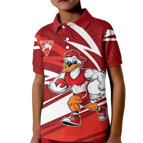 Sydney Swans Australian Football Kid Polo Shirt Swans Mascot Art With Indigenous Pattern Art