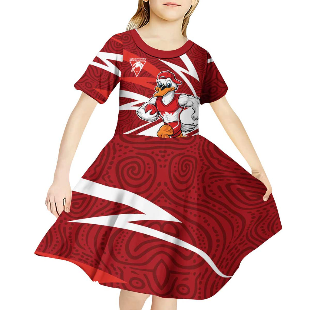 Sydney Swans Australian Football Kid Short Sleeve Dress Swans Mascot Art With Indigenous Pattern Art