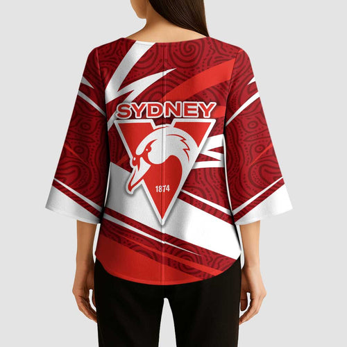 Sydney Swans Australian Football Kimono Sleeve Blouse Swans Mascot Art With Indigenous Pattern Art