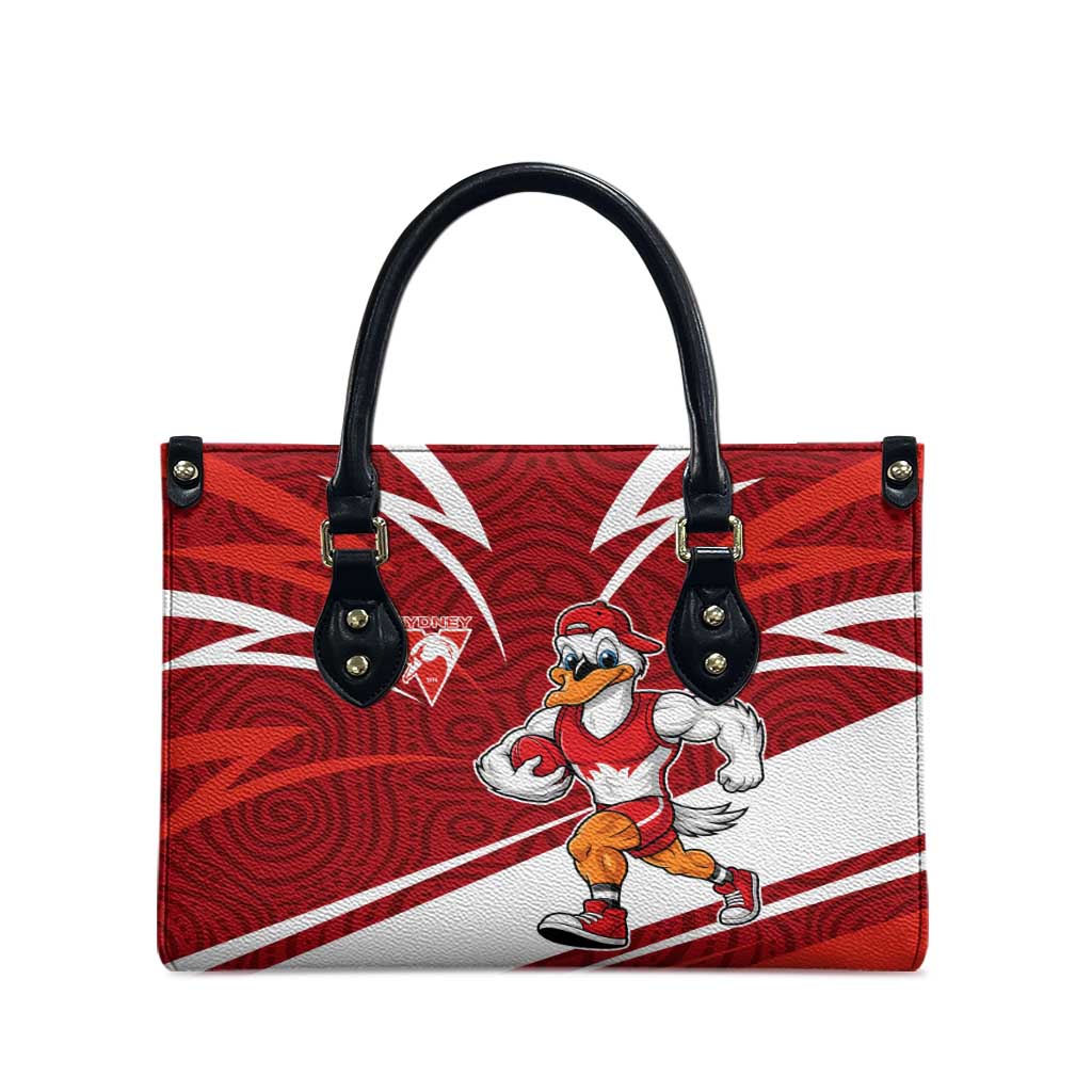 Sydney Swans Australian Football Leather Bag Swans Mascot Art With Indigenous Pattern Art