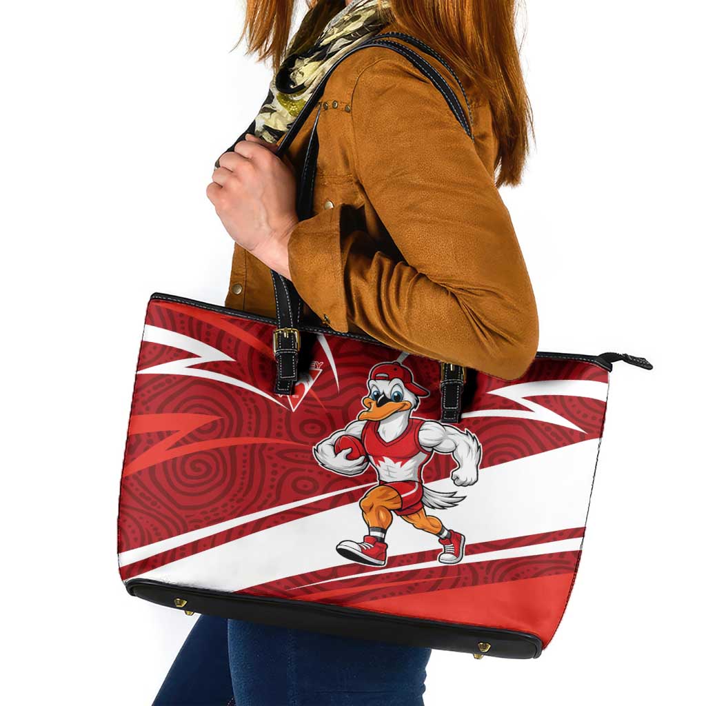 Sydney Swans Australian Football Leather Tote Bag Swans Mascot Art With Indigenous Pattern Art