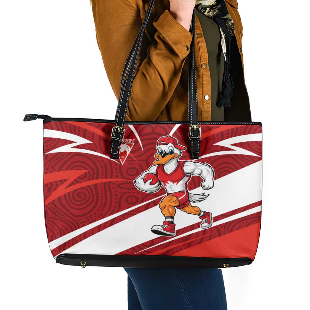 Sydney Swans Australian Football Leather Tote Bag Swans Mascot Art With Indigenous Pattern Art