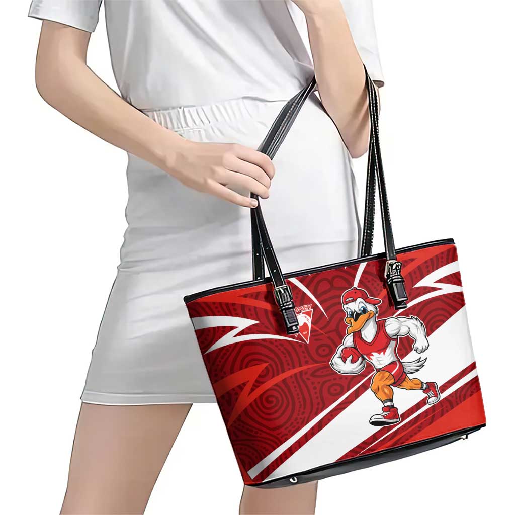 Sydney Swans Australian Football Leather Tote Bag Swans Mascot Art With Indigenous Pattern Art