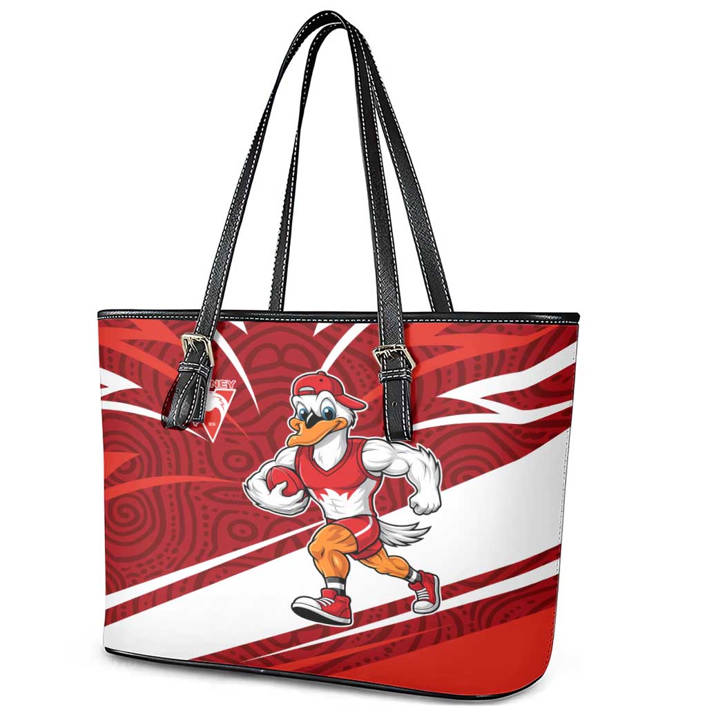Sydney Swans Australian Football Leather Tote Bag Swans Mascot Art With Indigenous Pattern Art