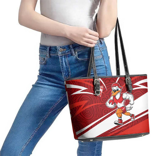 Sydney Swans Australian Football Leather Tote Bag Swans Mascot Art With Indigenous Pattern Art