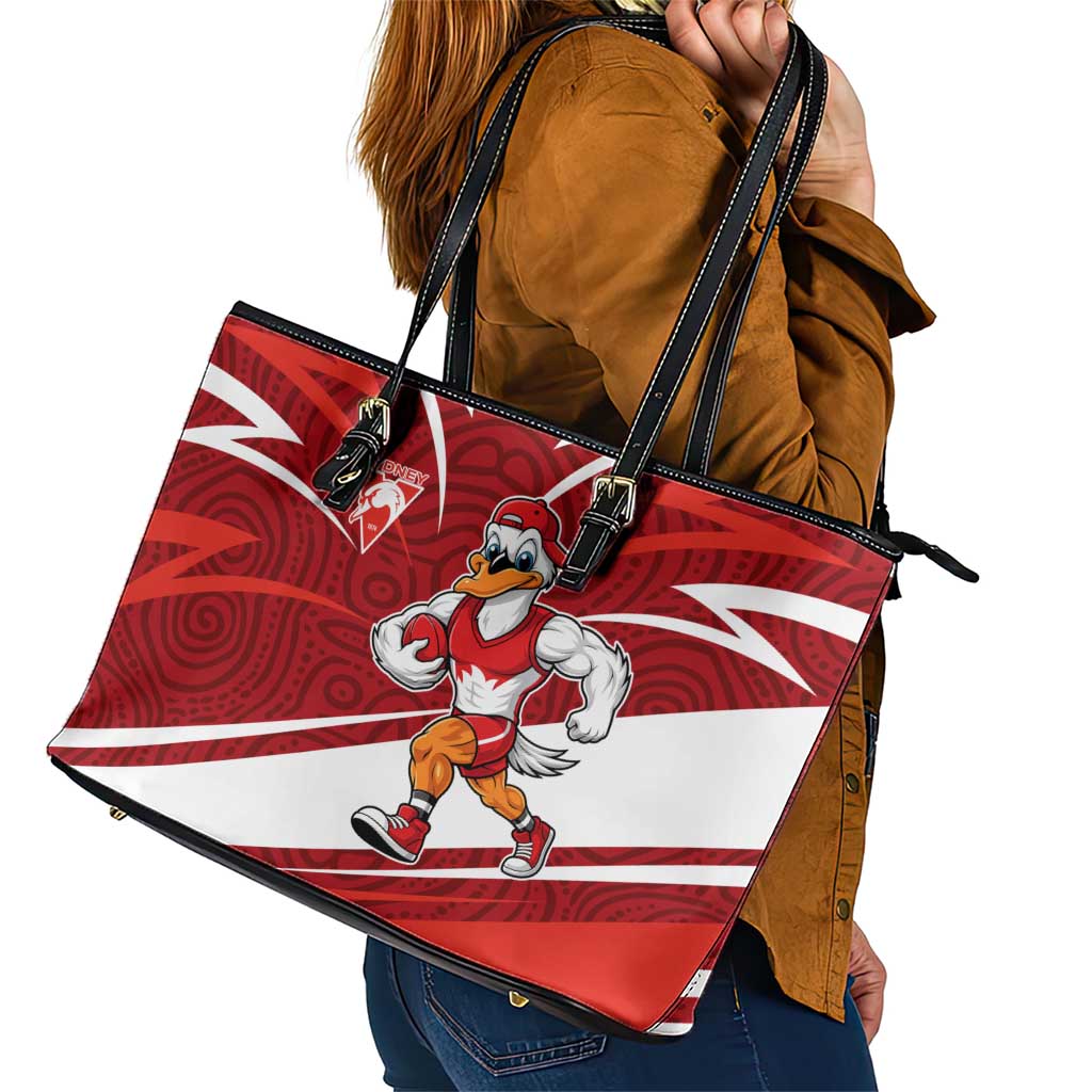 Sydney Swans Australian Football Leather Tote Bag Swans Mascot Art With Indigenous Pattern Art
