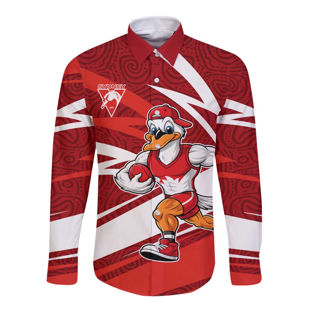 Sydney Swans Australian Football Long Sleeve Button Shirt Swans Mascot Art With Indigenous Pattern Art