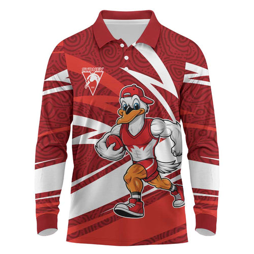 Sydney Swans Australian Football Long Sleeve Polo Shirt Swans Mascot Art With Indigenous Pattern Art