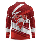 Sydney Swans Australian Football Long Sleeve Polo Shirt Swans Mascot Art With Indigenous Pattern Art
