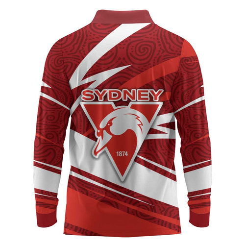 Sydney Swans Australian Football Long Sleeve Polo Shirt Swans Mascot Art With Indigenous Pattern Art