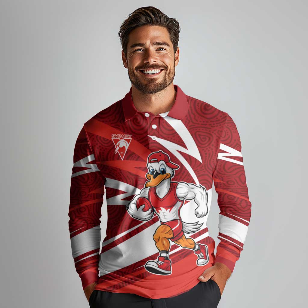 Sydney Swans Australian Football Long Sleeve Polo Shirt Swans Mascot Art With Indigenous Pattern Art