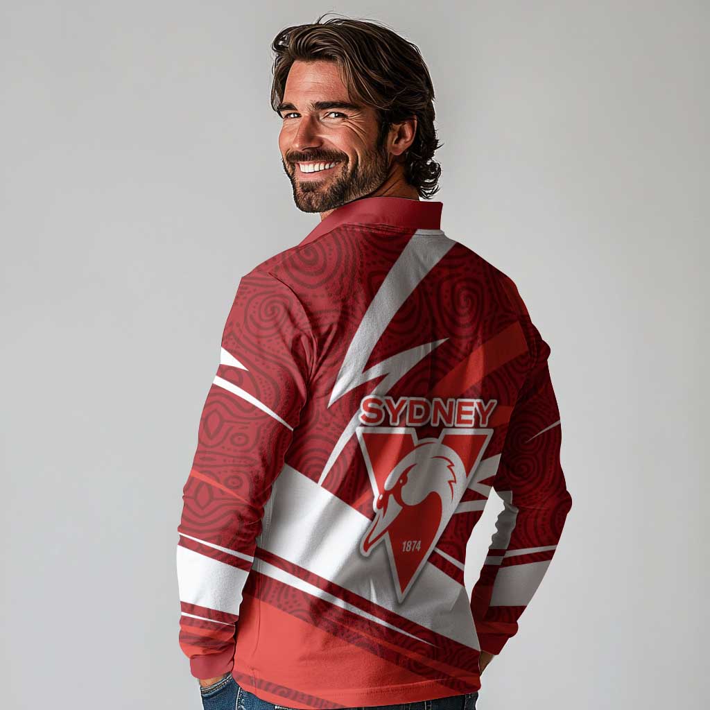 Sydney Swans Australian Football Long Sleeve Polo Shirt Swans Mascot Art With Indigenous Pattern Art