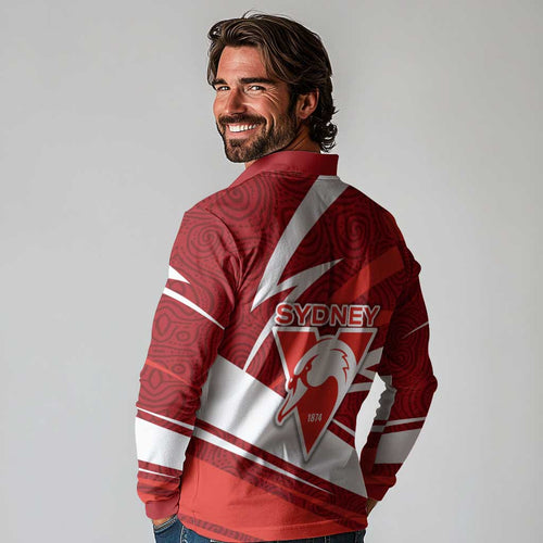 Sydney Swans Australian Football Long Sleeve Polo Shirt Swans Mascot Art With Indigenous Pattern Art