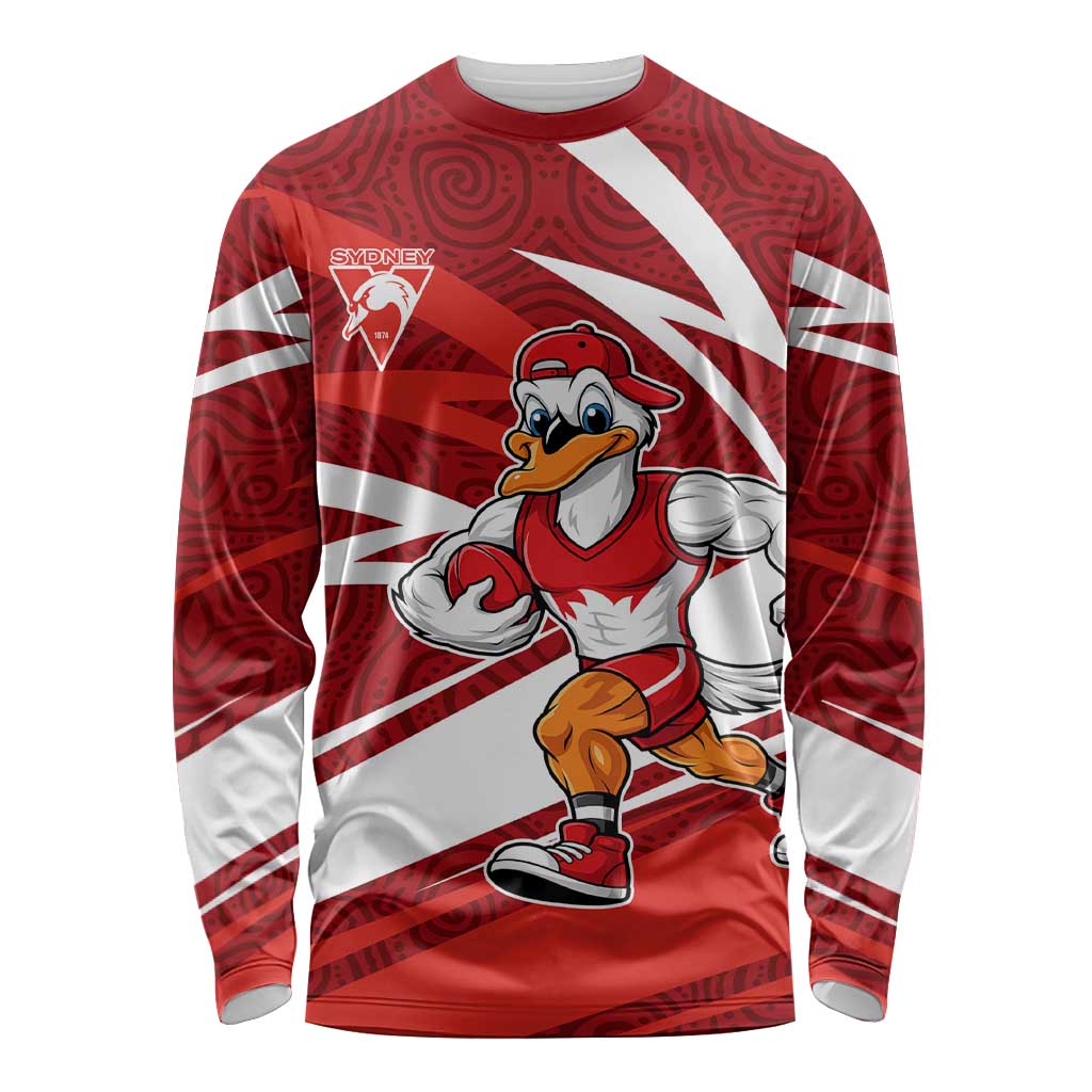 Sydney Swans Australian Football Long Sleeve Shirt Swans Mascot Art With Indigenous Pattern Art