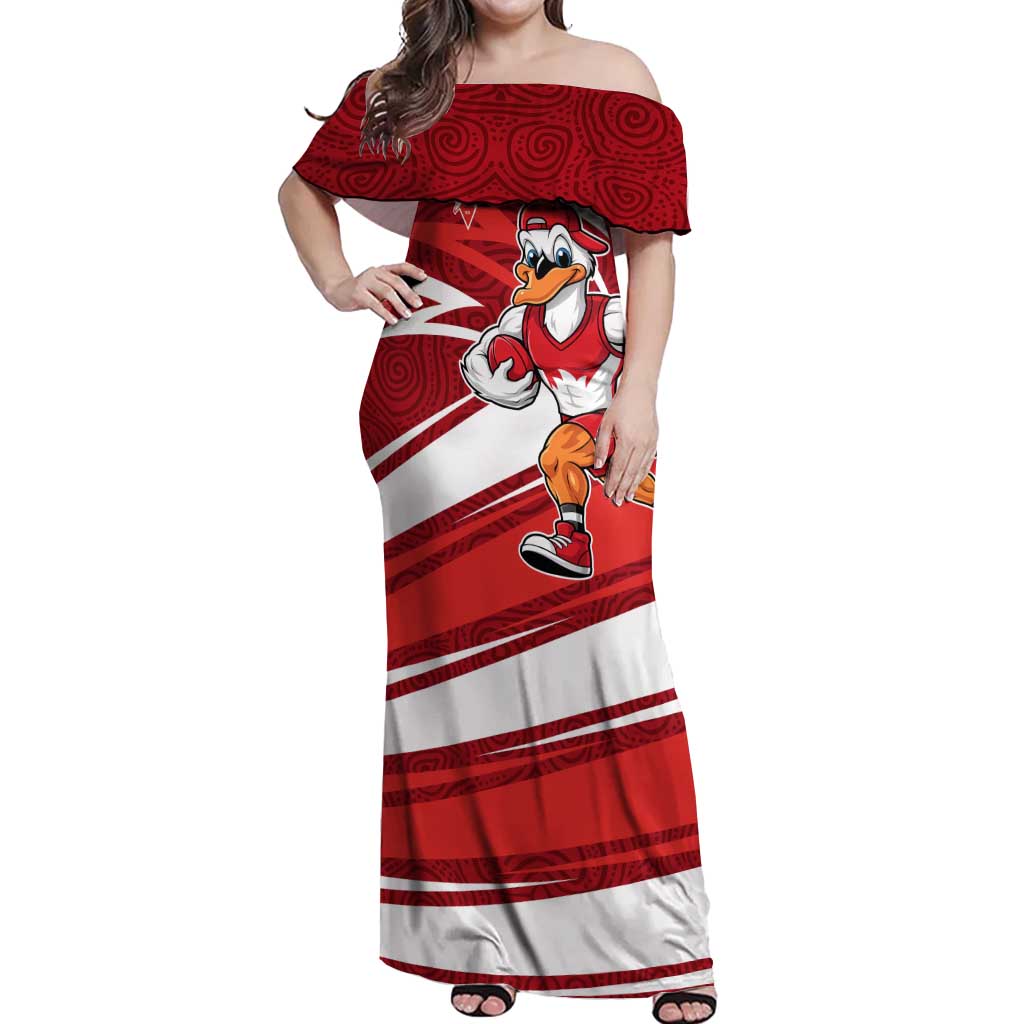 Sydney Swans Australian Football Off Shoulder Maxi Dress Swans Mascot Art With Indigenous Pattern Art