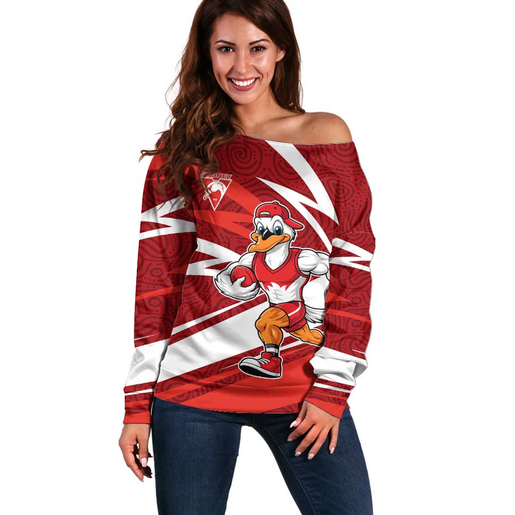 Sydney Swans Australian Football Off Shoulder Sweater Swans Mascot Art With Indigenous Pattern Art
