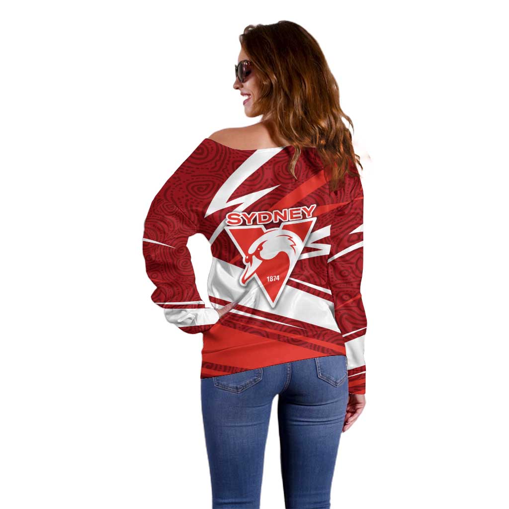 Sydney Swans Australian Football Off Shoulder Sweater Swans Mascot Art With Indigenous Pattern Art