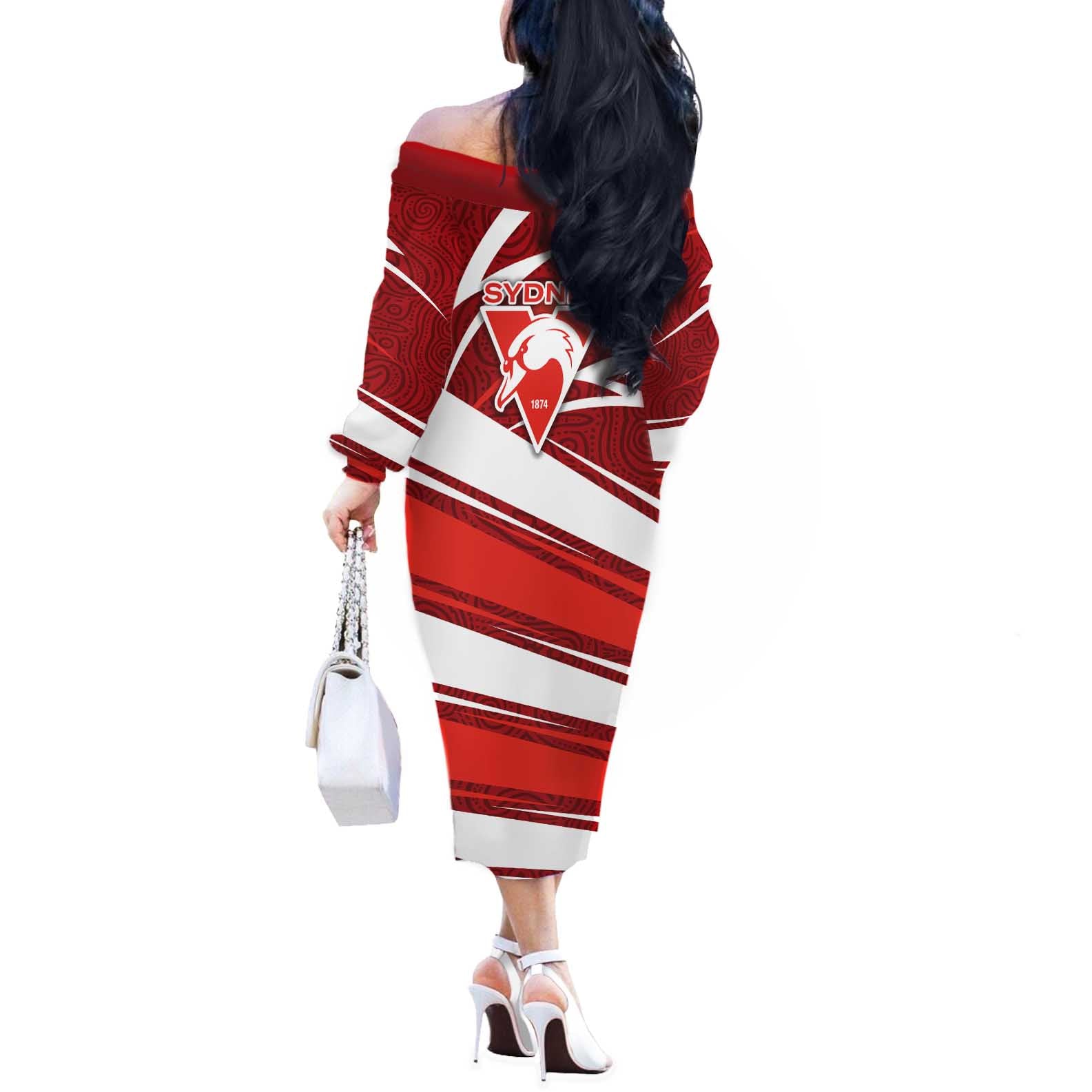 Sydney Swans Australian Football Off The Shoulder Long Sleeve Dress Swans Mascot Art With Indigenous Pattern Art