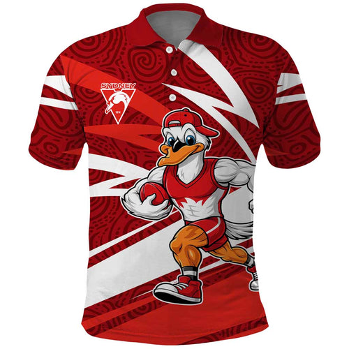 Sydney Swans Australian Football Polo Shirt Swans Mascot Art With Indigenous Pattern Art
