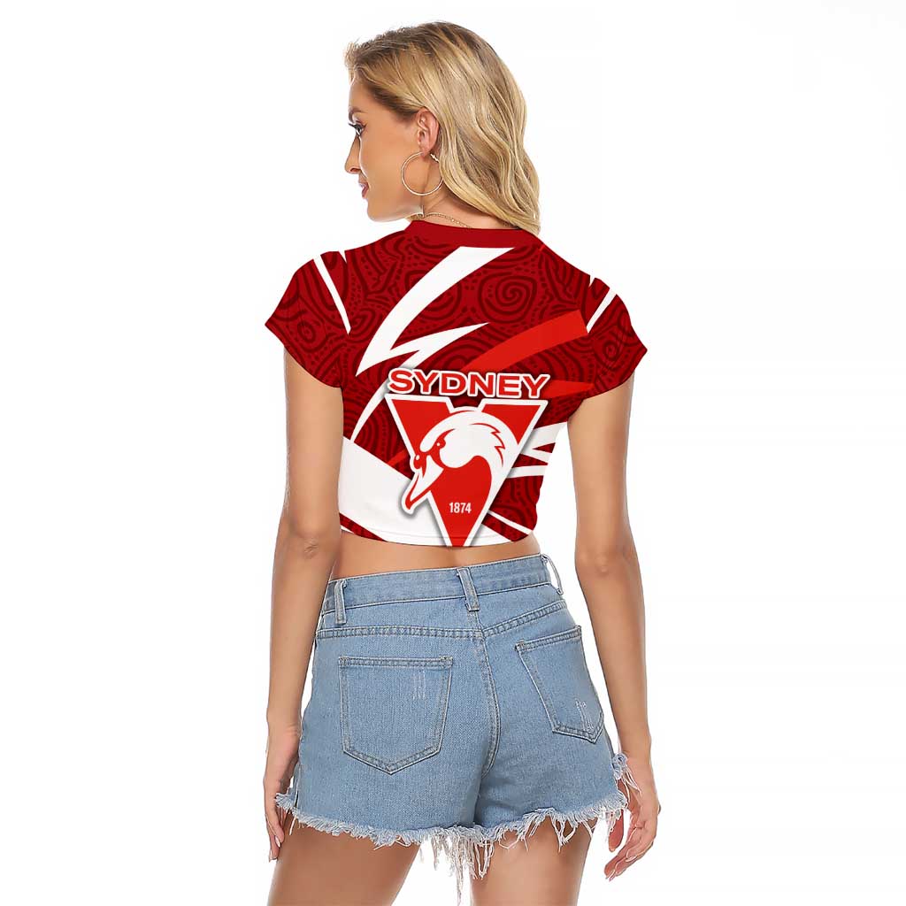 Sydney Swans Australian Football Raglan Cropped T Shirt Swans Mascot Art With Indigenous Pattern Art