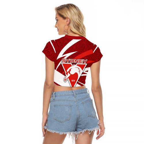 Sydney Swans Australian Football Raglan Cropped T Shirt Swans Mascot Art With Indigenous Pattern Art