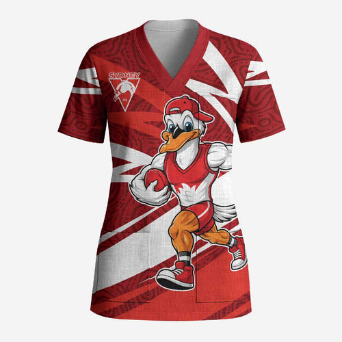 Sydney Swans Australian Football Scrub Top Swans Mascot Art With Indigenous Pattern Art