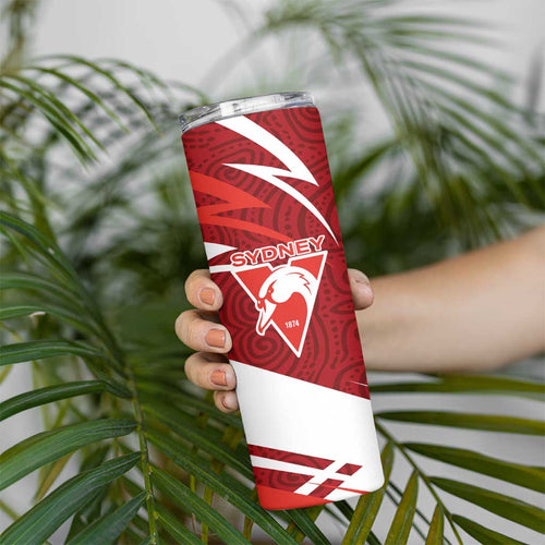 Sydney Swans Australian Football Skinny Tumbler Swans Mascot Art With Indigenous Pattern Art