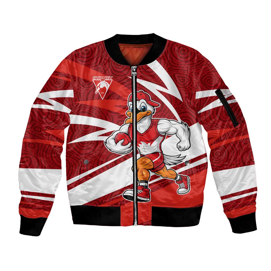 Sydney Swans Australian Football Sleeve Zip Bomber Jacket Swans Mascot Art With Indigenous Pattern Art