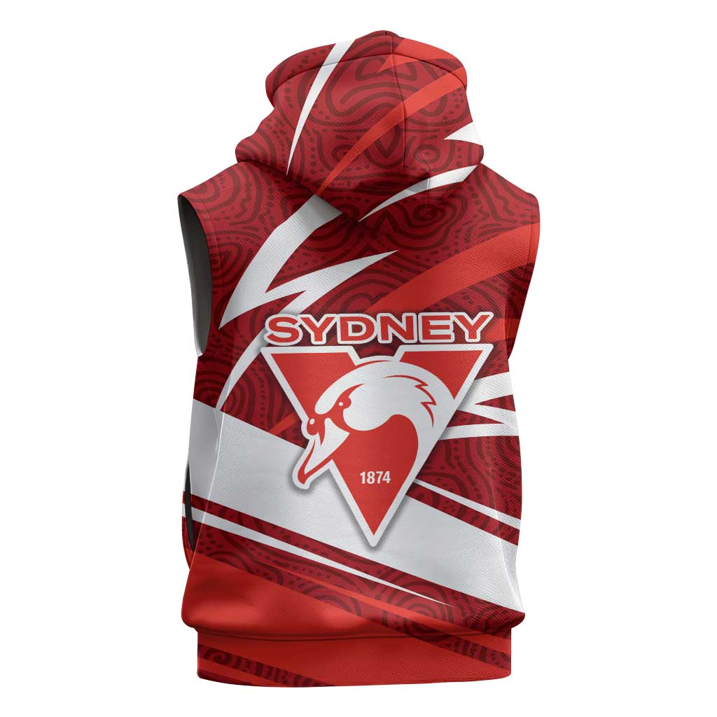 Sydney Swans Australian Football Sleeveless Hoodie Swans Mascot Art With Indigenous Pattern Art
