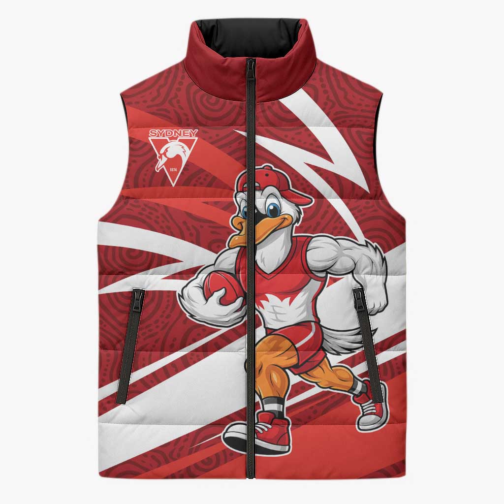Sydney Swans Australian Football Sleeveless Puffer Jacket Swans Mascot Art With Indigenous Pattern Art