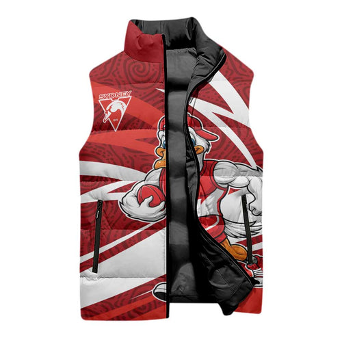 Sydney Swans Australian Football Sleeveless Puffer Jacket Swans Mascot Art With Indigenous Pattern Art