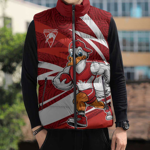 Sydney Swans Australian Football Sleeveless Puffer Jacket Swans Mascot Art With Indigenous Pattern Art