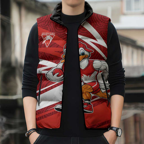 Sydney Swans Australian Football Sleeveless Puffer Jacket Swans Mascot Art With Indigenous Pattern Art