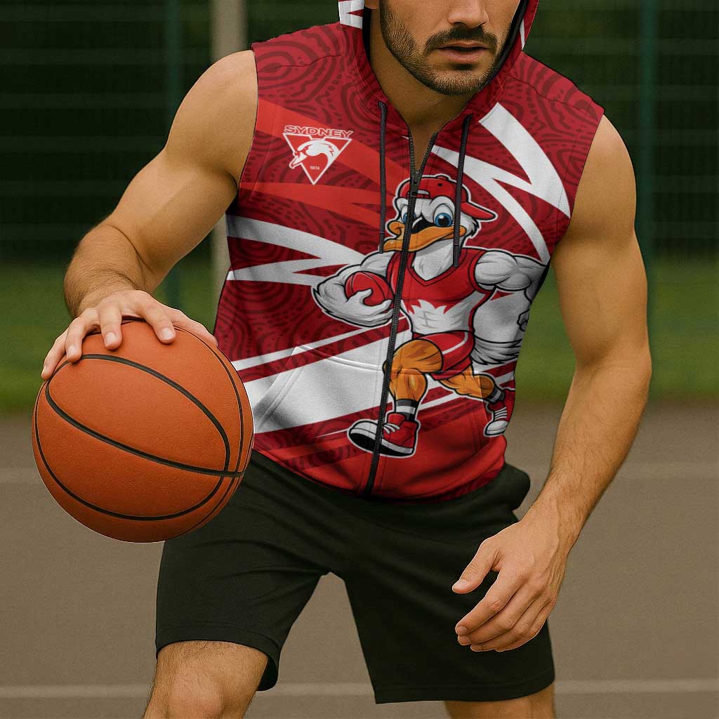 Sydney Swans Australian Football Sleeveless Zip Hoodie Swans Mascot Art With Indigenous Pattern Art