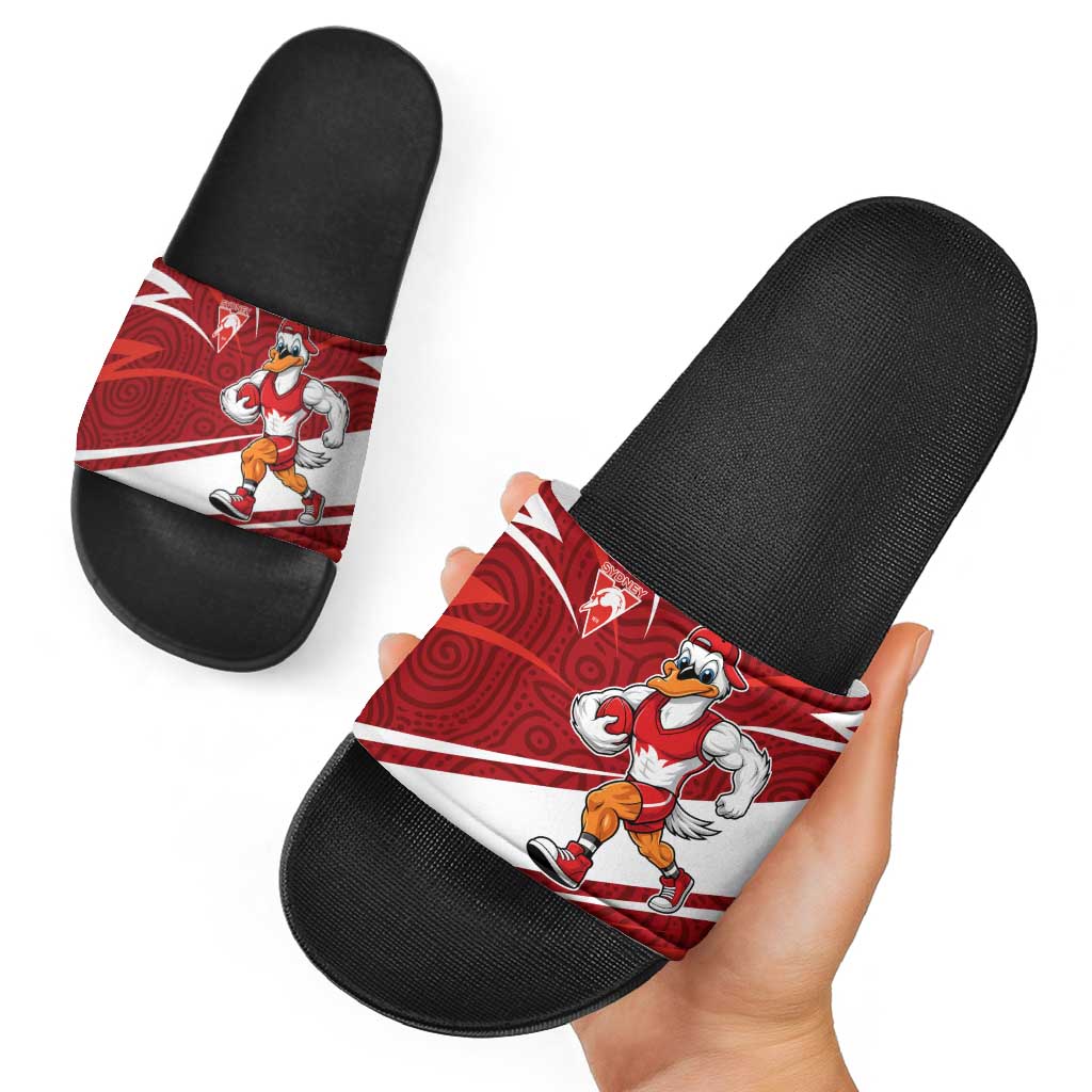 Sydney Swans Australian Football Slide Sandals Swans Mascot Art With Indigenous Pattern Art