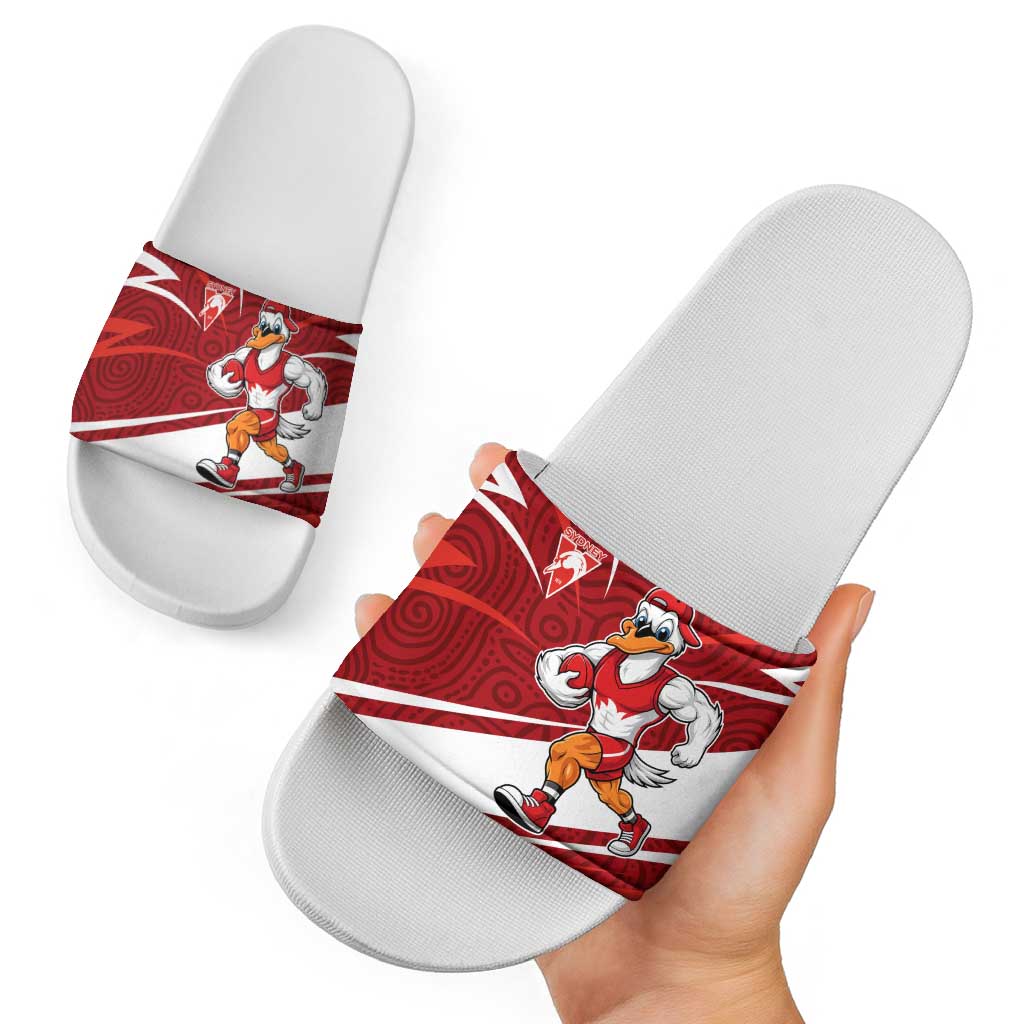 Sydney Swans Australian Football Slide Sandals Swans Mascot Art With Indigenous Pattern Art