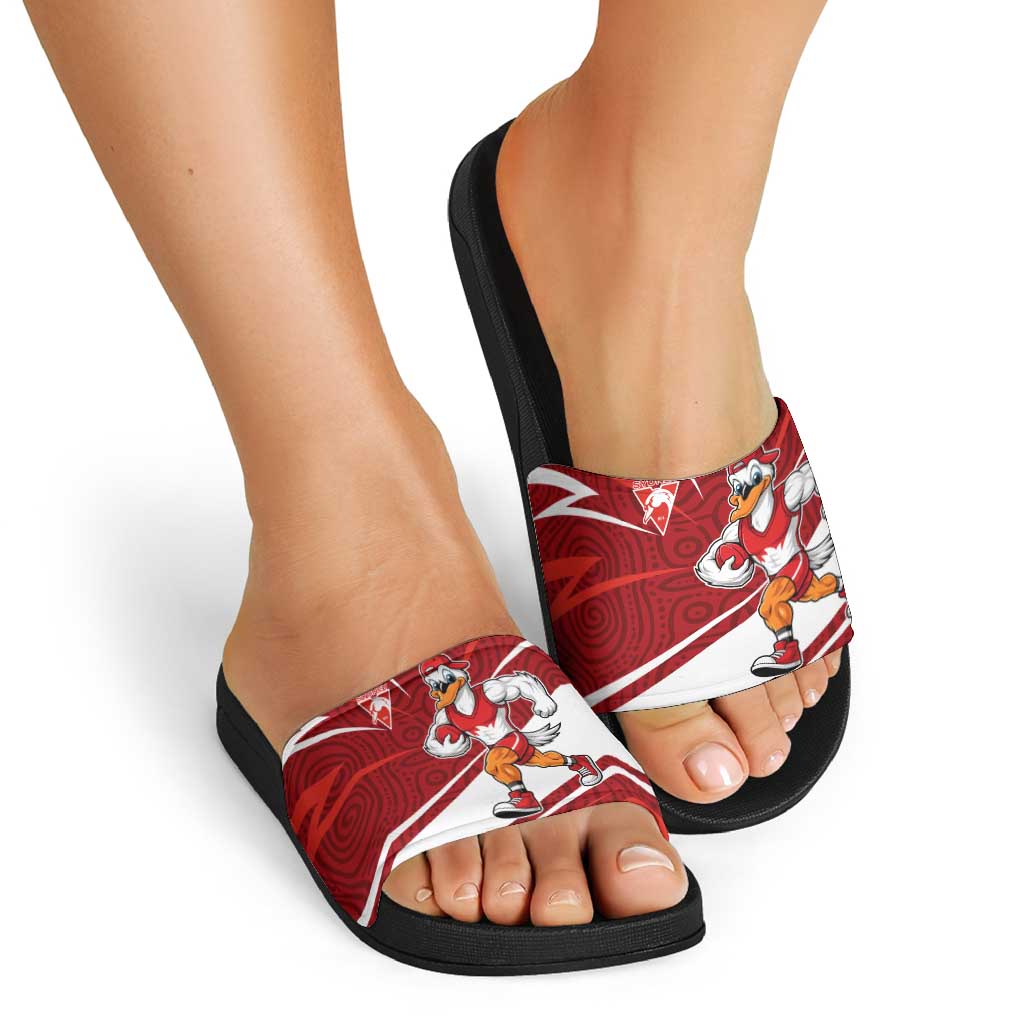 Sydney Swans Australian Football Slide Sandals Swans Mascot Art With Indigenous Pattern Art