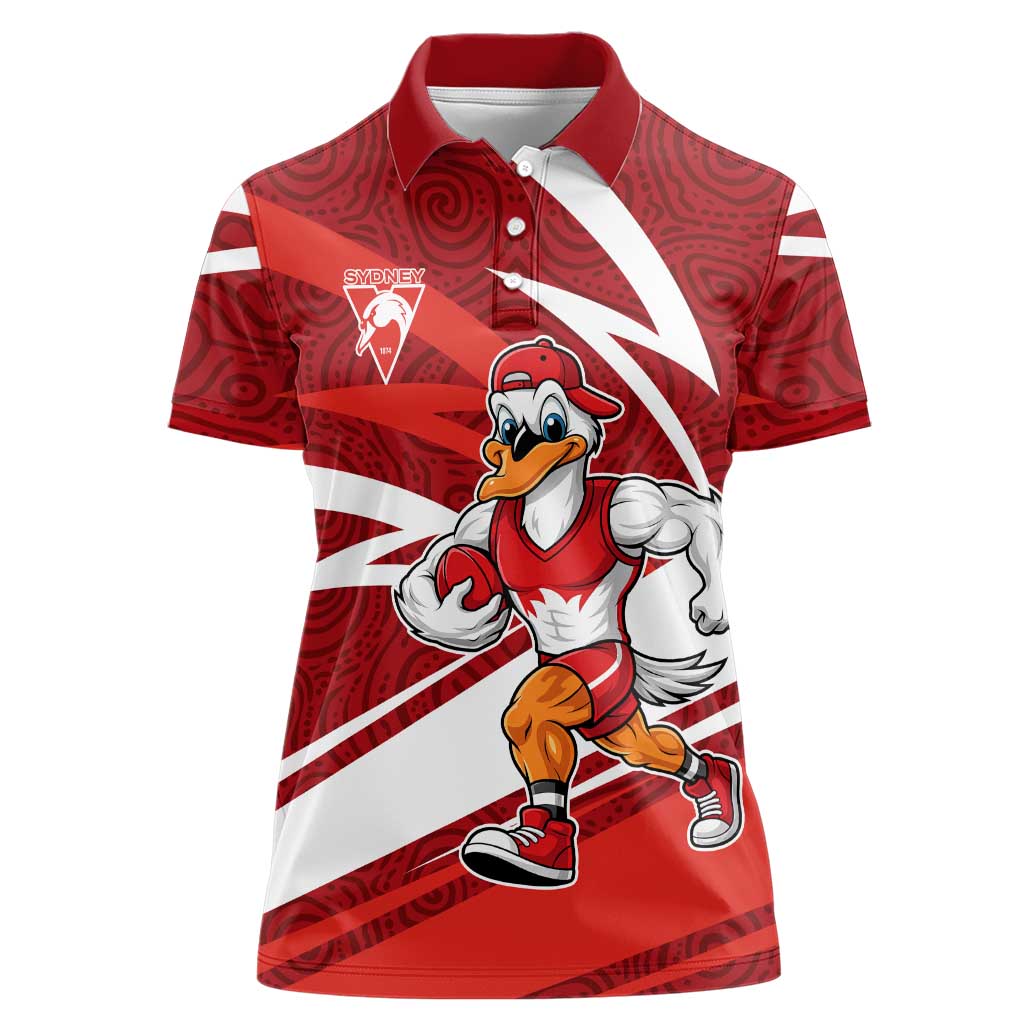 Sydney Swans Australian Football Women Polo Shirt Swans Mascot Art With Indigenous Pattern Art